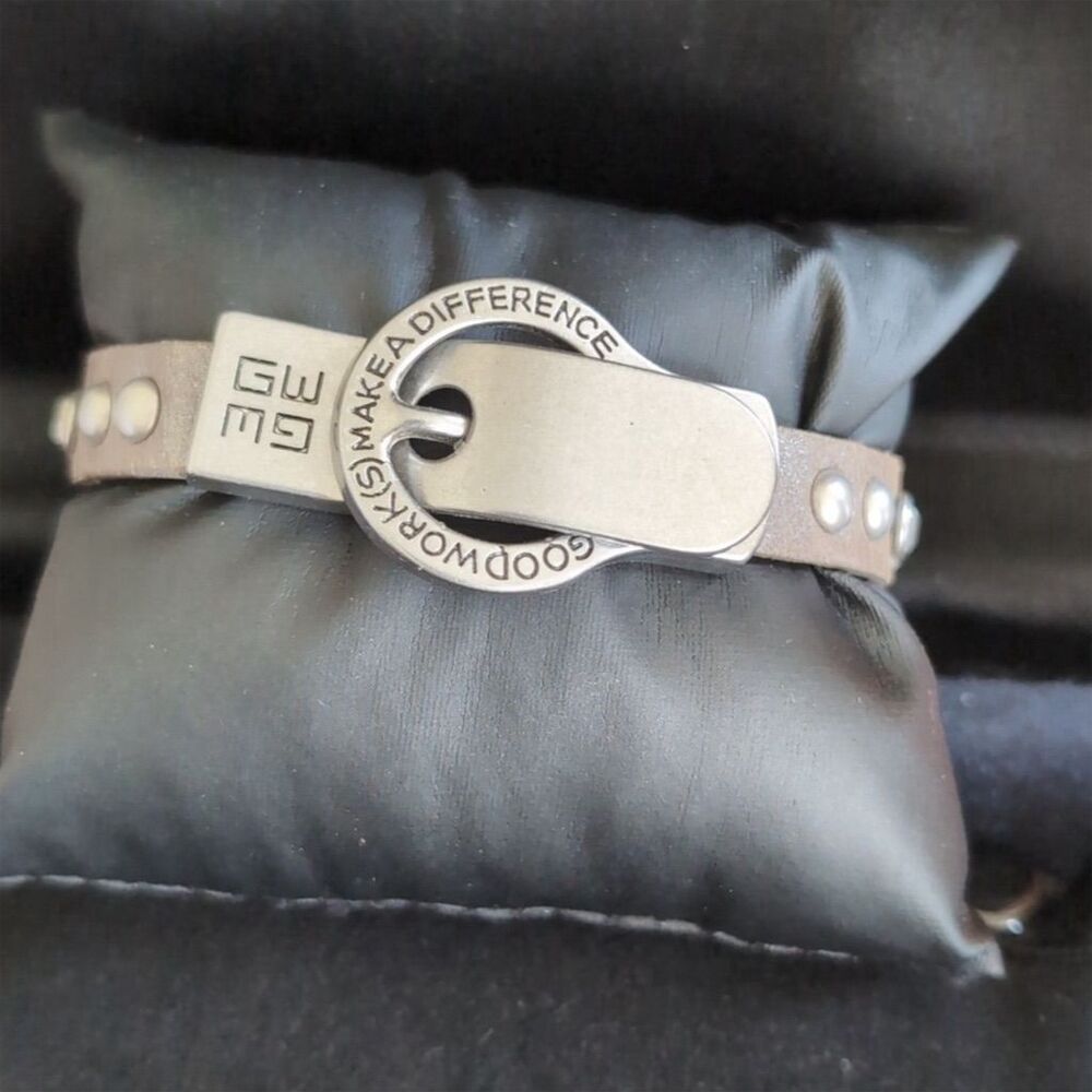 Good Works Leather and Silver Belt Buckle Bracelet "Believe"